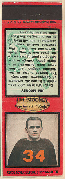 Jim Mooney, Cincinnati Reds, from the Football Players Match Cover design series (U6) issued by Diamond Match Company, The Diamond Match Company, Printed matchbook 