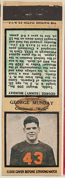 George Munday, Cincinnati Reds, from the Football Players Match Cover design series (U6) issued by Diamond Match Company, The Diamond Match Company, Printed matchbook 