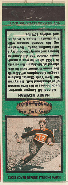 Harry Newman, New York Giants, from the Football Players Match Cover design series (U6) issued by Diamond Match Company, The Diamond Match Company, Printed matchbook 