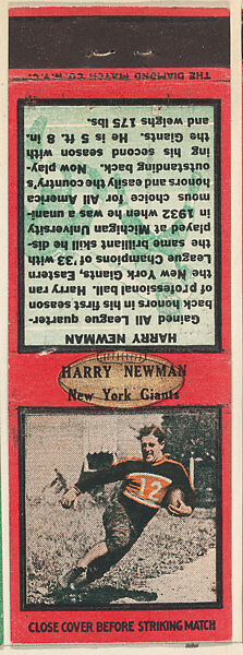 Harry Newman, New York Giants, from the Football Players Match Cover design series (U6) issued by Diamond Match Company, The Diamond Match Company, Printed matchbook 