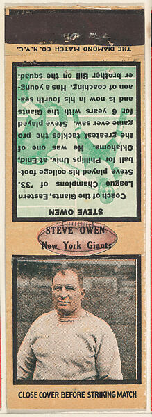 Steve Owen, New York Giants, from the Football Players Match Cover design series (U6) issued by Diamond Match Company, The Diamond Match Company, Printed matchbook 