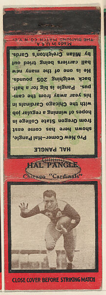 Hal Pangle, Chicago Cardinals, from the Football Players Match Cover design series (U6) issued by Diamond Match Company, The Diamond Match Company, Printed matchbook 