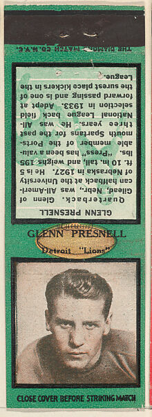 Glenn Presnell, Detroit Lions, from the Football Players Match Cover design series (U6) issued by Diamond Match Company, The Diamond Match Company, Printed matchbook 