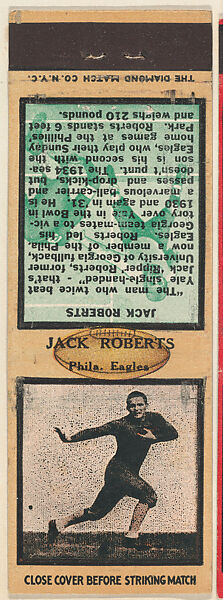 Jack Roberts, Philadelphia Eagles, from the Football Players Match Cover design series (U6) issued by Diamond Match Company, The Diamond Match Company, Printed matchbook 