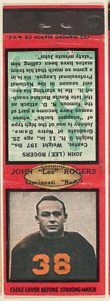 John "Lee" Rogers, Cincinnati Reds, from the Football Players Match Cover design series (U6) issued by Diamond Match Company, The Diamond Match Company, Printed matchbook 