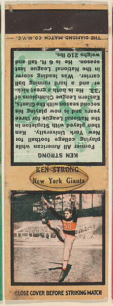 Ken Strong, New York Giants, from the Football Players Match Cover design series (U6) issued by Diamond Match Company, The Diamond Match Company, Printed matchbook 