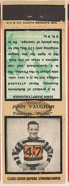 John Vaughn, Pittsburgh Pirates, from the Football Players Match Cover design series (U6) issued by Diamond Match Company, The Diamond Match Company, Printed matchbook 