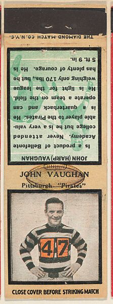 John Vaughn, Pittsburgh Pirates, from the Football Players Match Cover design series (U6) issued by Diamond Match Company, The Diamond Match Company (American, founded 1881), Printed matchbook 
