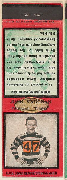 John Vaughn, Pittsburgh Pirates, from the Football Players Match Cover design series (U6) issued by Diamond Match Company, The Diamond Match Company, Printed matchbook 
