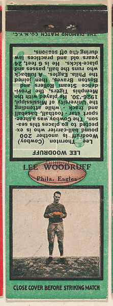 Lee Woodruff, Philadelphia Eagles, from the Football Players Match Cover design series (U6) issued by Diamond Match Company, The Diamond Match Company, Printed matchbook 