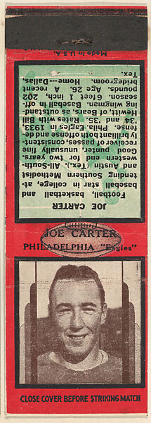 Joe Carter, Philadelphia Eagles, from the Football Players Match Cover design series (U6) issued by Diamond Match Company, The Diamond Match Company, Printed matchbook 