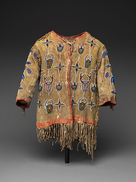 Boy's jacket, Tanned leather, pigment, glass beads, cotton cloth, and commercial buttons, Crow, Native American 