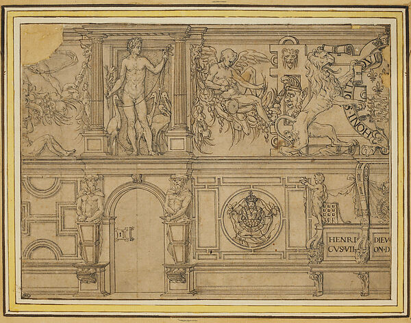 Design for an Interior with the Arms of Henry VIII—Whitehall, Nicholas Bellin of Modena  Italian, Pen and brown ink with gray wash and stylus on beige paper