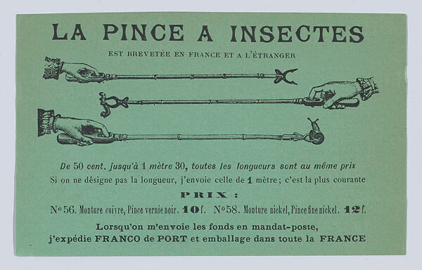 Advertisement for Insect Tongs, M. J. Baudry (Paris), Engraving on green paper 