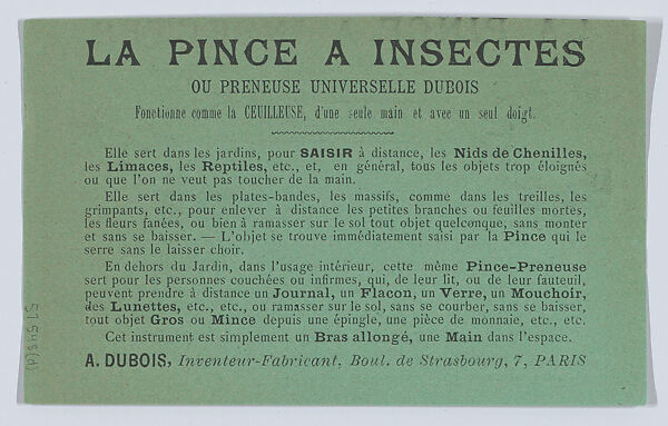 Advertisement for Insect Tongs, M. J. Baudry (Paris), Engraving on green paper