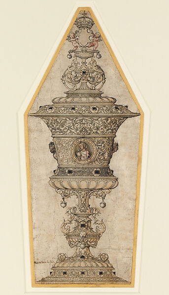 Design for the Seymour Cup, Hans Holbein the Younger  German, Pen and brown ink with light washes of grey and pink, heightened in gold, on laid paper