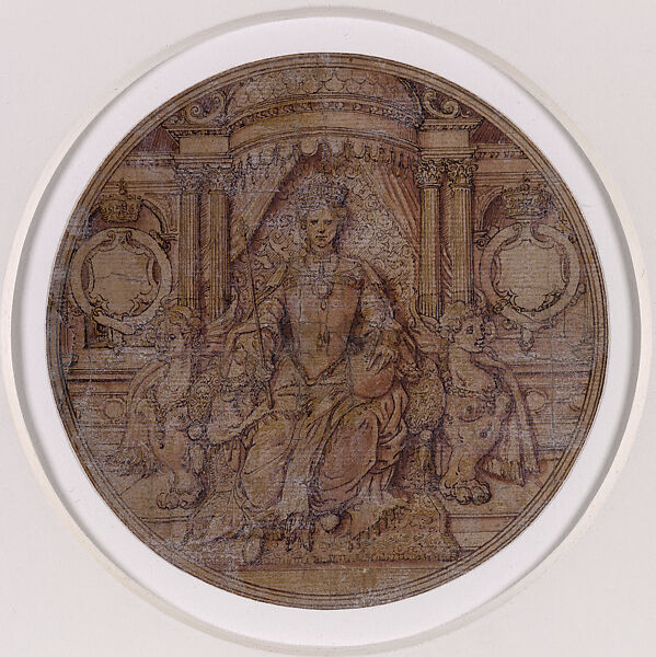 Design for Queen Mary I's Great Seal, Jacques Jonghelinck  Netherlandish, Pen and brown ink, with pink-red wash and gold, on prepared paper