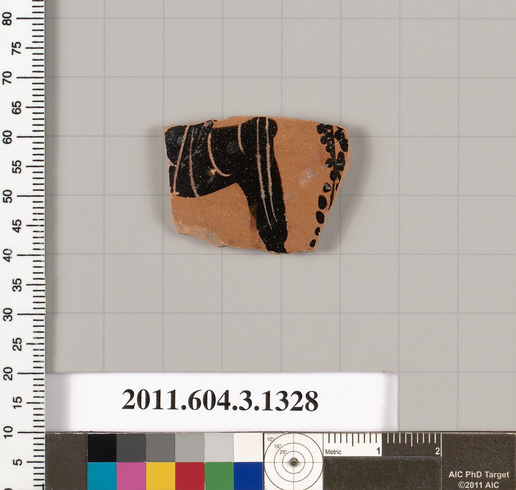 Terracotta fragment of a skyphos (deep drinking cup), Terracotta, Greek, Attic 