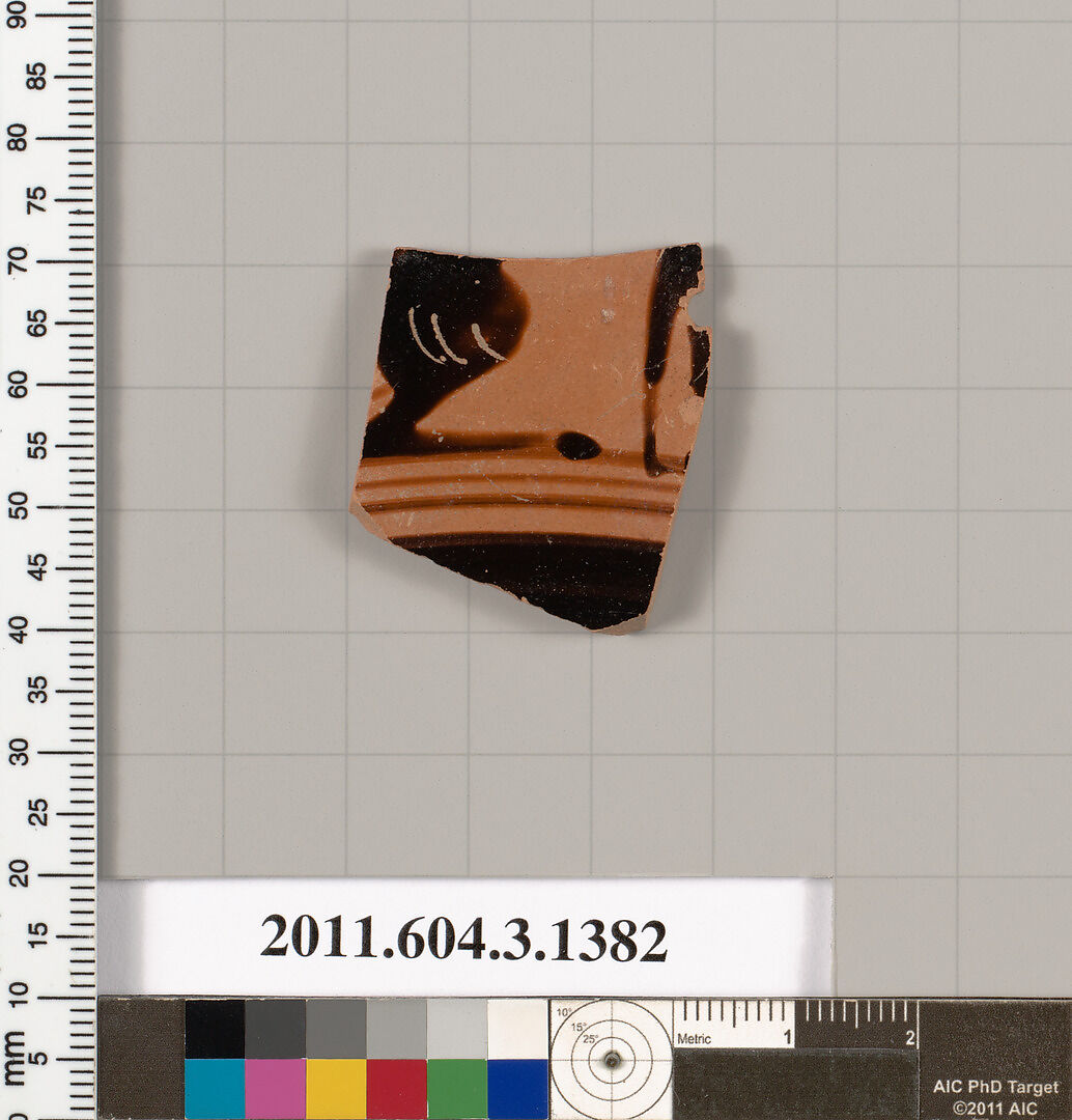 Terracotta fragment of a skyphos (deep drinking cup), Terracotta, Greek, Attic 