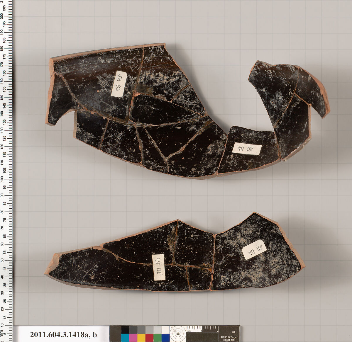 Terracotta fragments of a skyphos (deep drinking cup), Terracotta, Greek, Attic