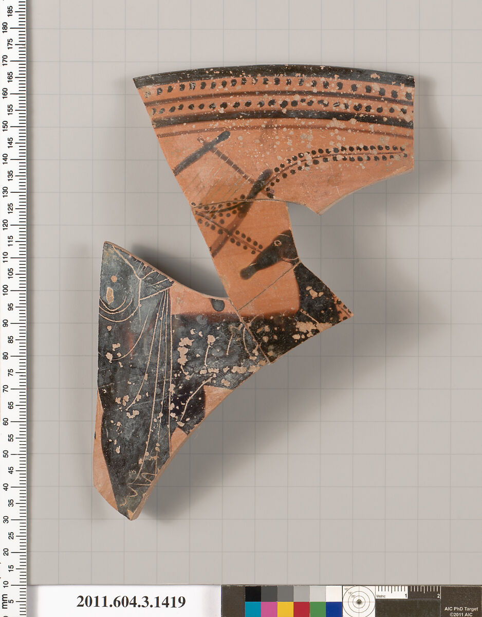 Terracotta rim fragment of a skyphos (deep drinking cup), Terracotta, Greek, Attic 