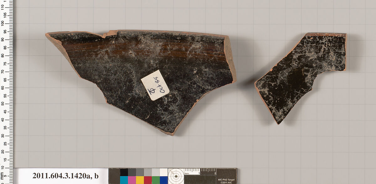 Terracotta rim fragments of a skyphos (deep drinking cup), Terracotta, Greek, Attic