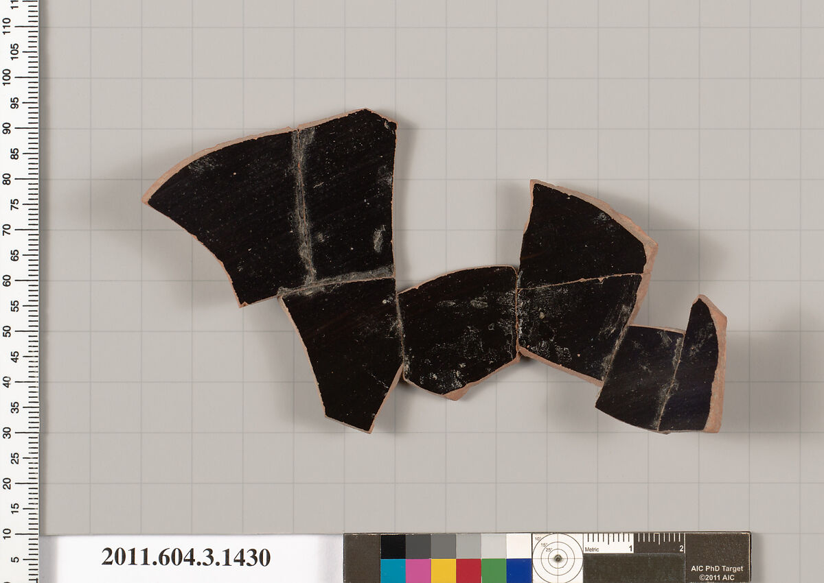 Terracotta fragment of a skyphos (deep drinking cup), Terracotta, Greek, Attic