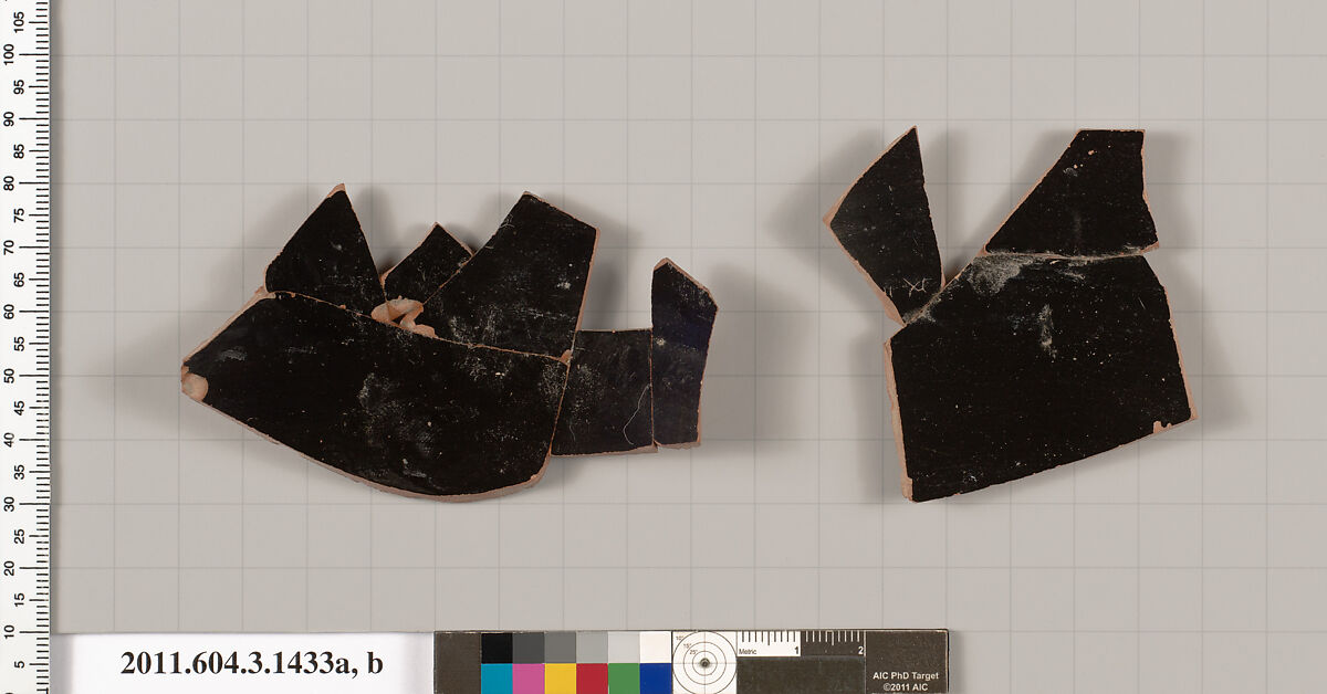 Terracotta fragments of a skyphos (deep drinking cup), Terracotta, Greek, Attic