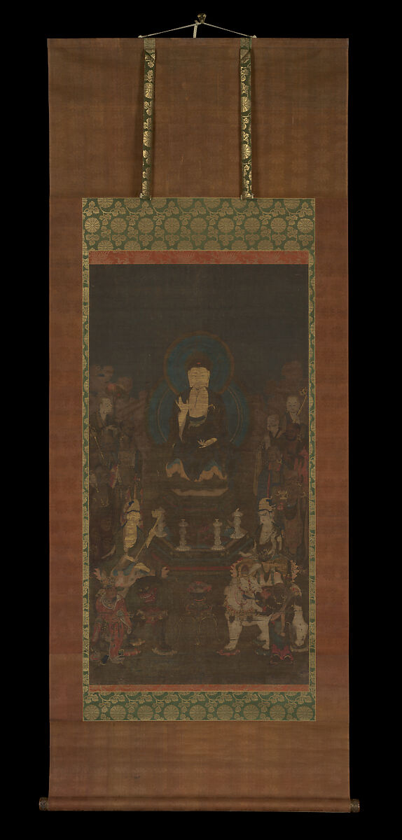 Shaka (Shakyamuni), the Historical Buddha, with Two Attendant Bodhisattvas and the Ten Great Disciples, Hanging scroll; ink, color, and gold on silk, Japan