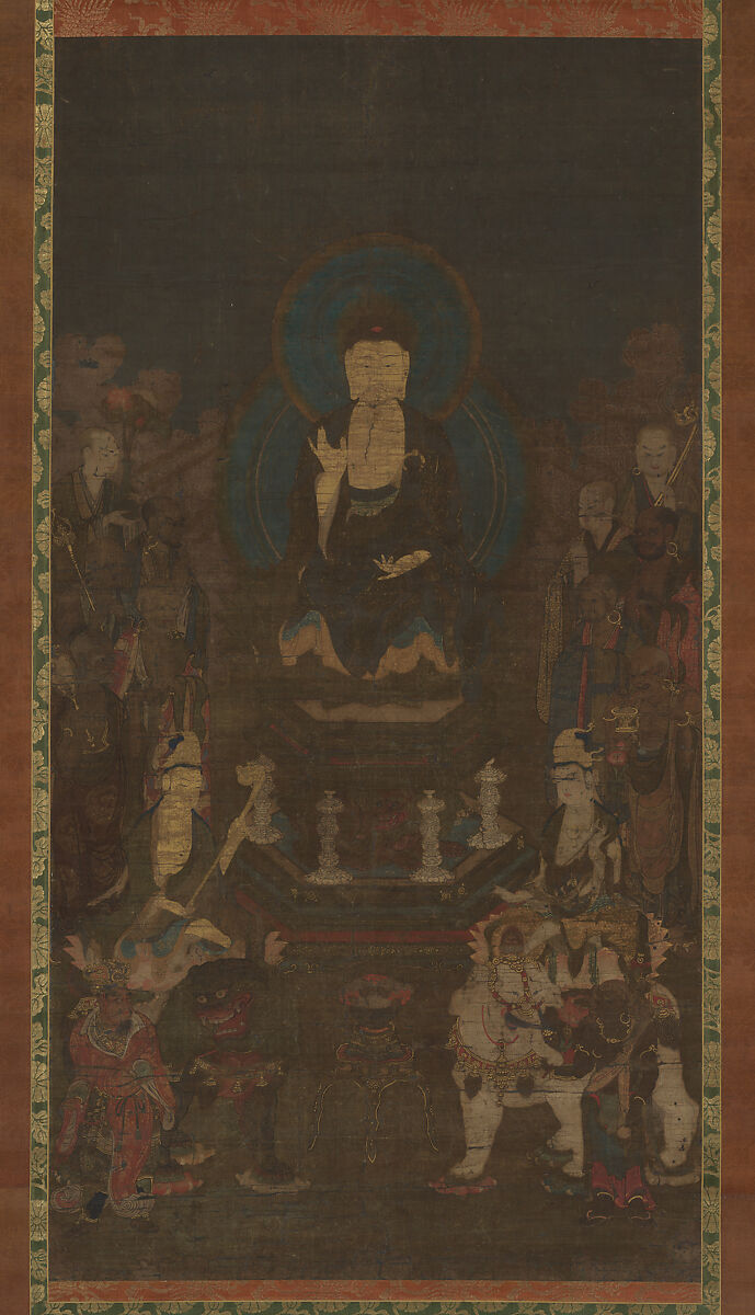 Shaka (Shakyamuni), the Historical Buddha, with Two Attendant Bodhisattvas and the Ten Great Disciples, Hanging scroll; ink, color, and gold on silk, Japan 