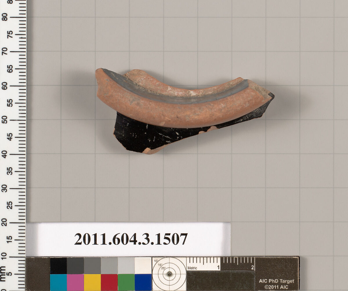 Terracotta fragment of a skyphos (deep drinking cup), Terracotta, Greek, Attic