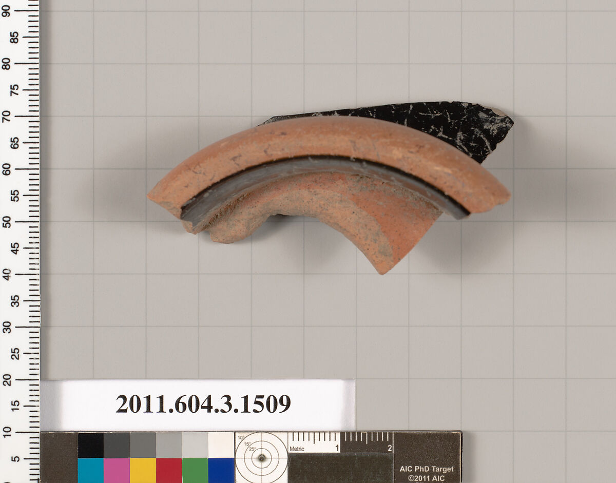 Terracotta fragment of a skyphos (deep drinking cup), Terracotta, Greek, Attic