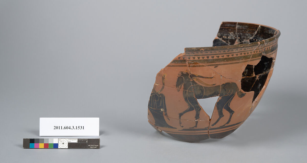 Terracotta fragment of a skyphos (deep drinking cup), Terracotta, Greek, Attic