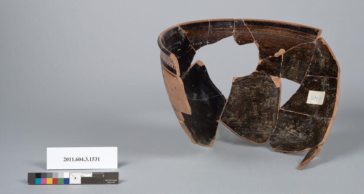 Terracotta fragment of a skyphos (deep drinking cup), Terracotta, Greek, Attic
