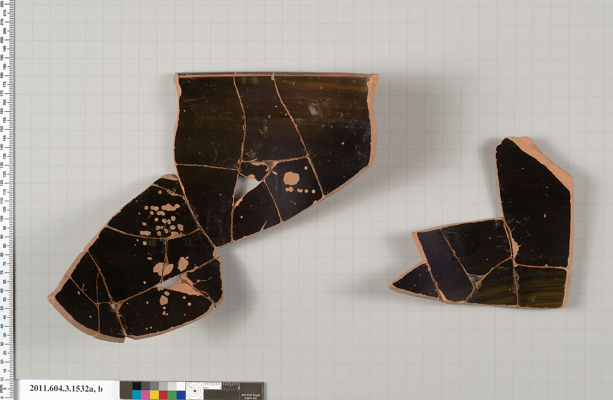 Terracotta fragments of a skyphos (deep drinking cup), Terracotta, Greek, Attic