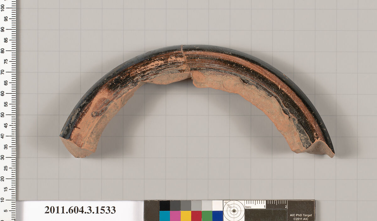 Terracotta fragment of a skyphos (deep drinking cup)?, Terracotta, Greek, Attic