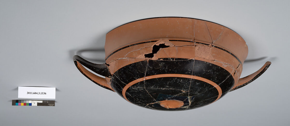 Terracotta fragment of a kylix: lip cup (drinking cup), Terracotta, Greek, Attic