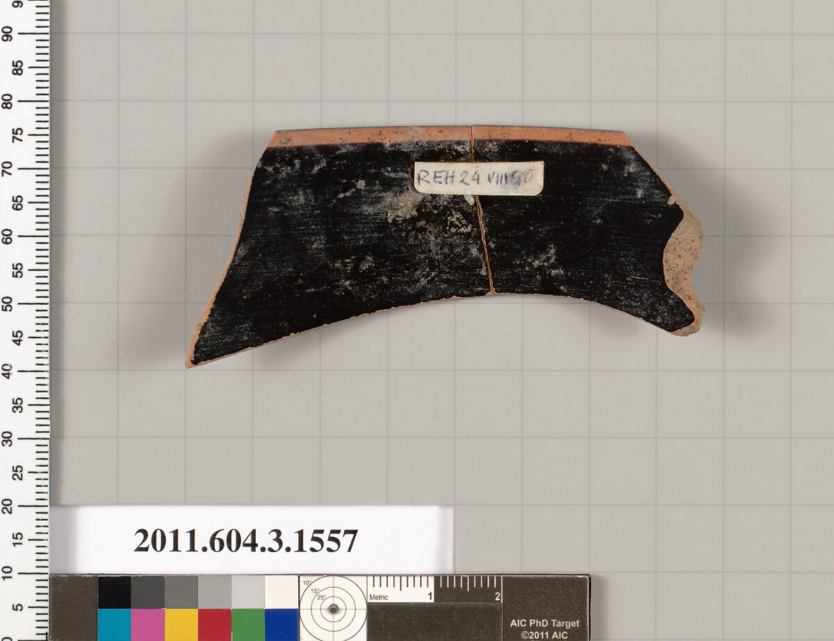 Terracotta rim fragment of a kylix: Band cup (drinking cup), Terracotta, Greek, Attic