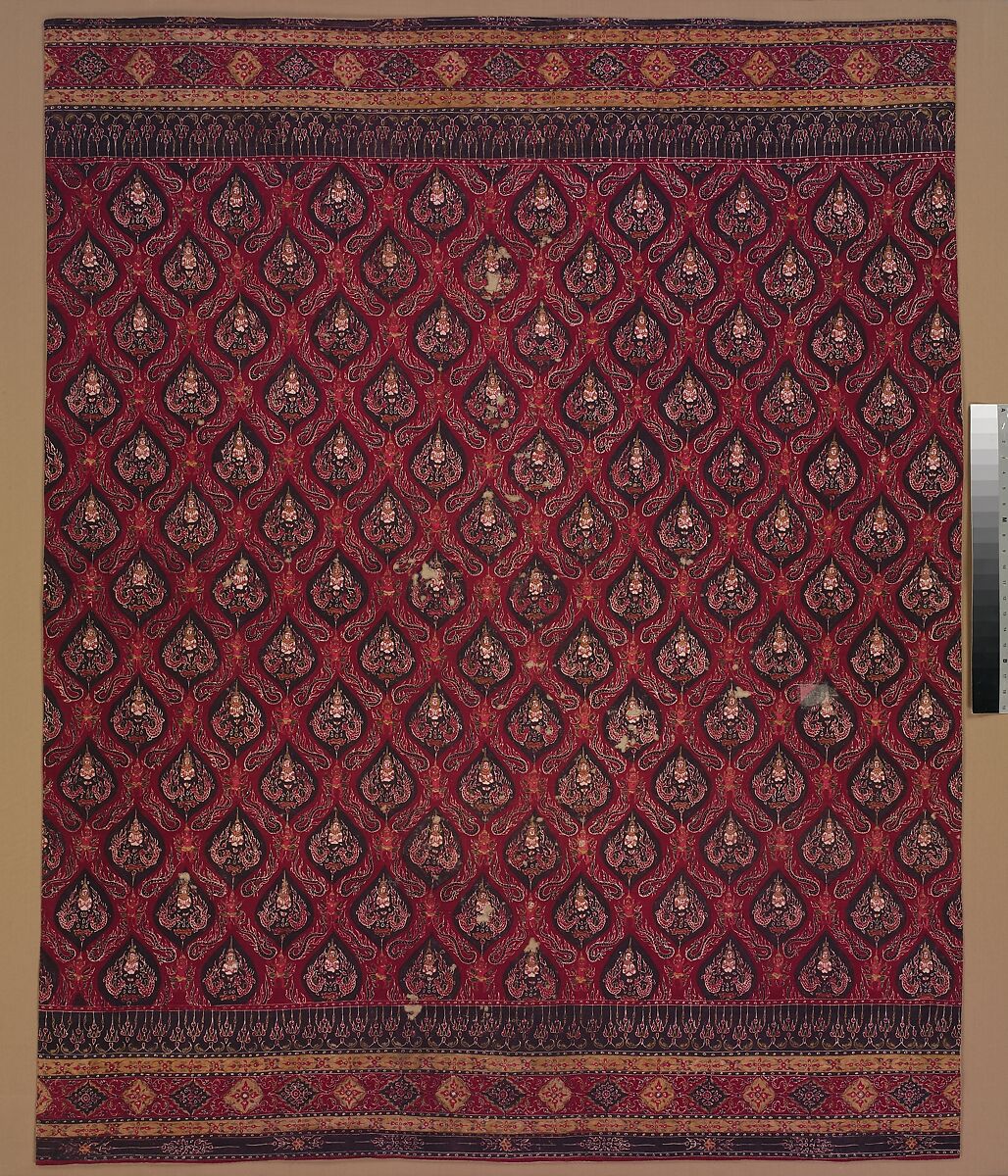 Painted Cotton with Celestial Deva Design in a Trellis Pattern, Painted and mordant-dyed cotton, India (for the Thai market) 
