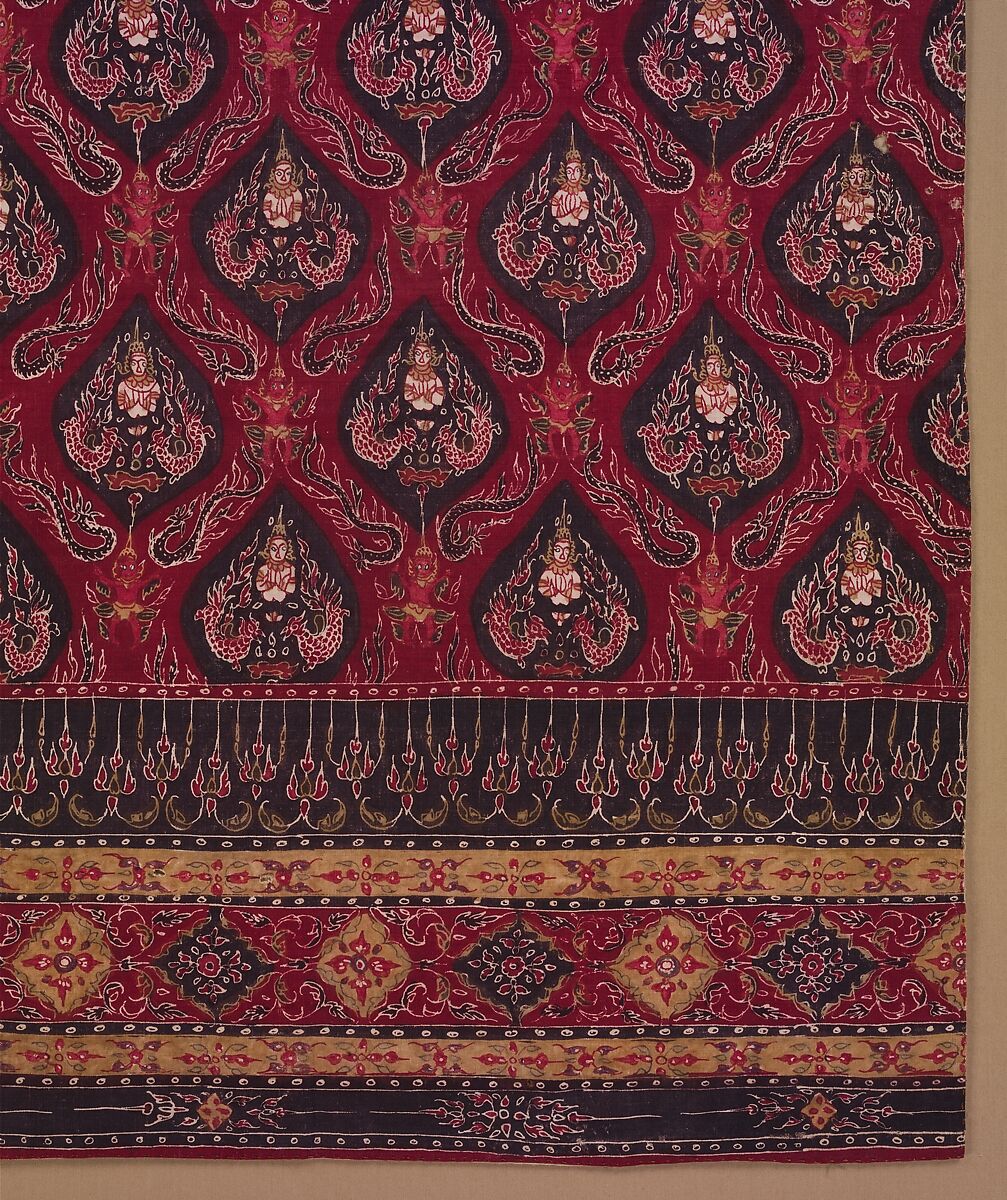 Painted Cotton with Celestial Deva Design in a Trellis Pattern, Painted and mordant-dyed cotton, India (for the Thai market)