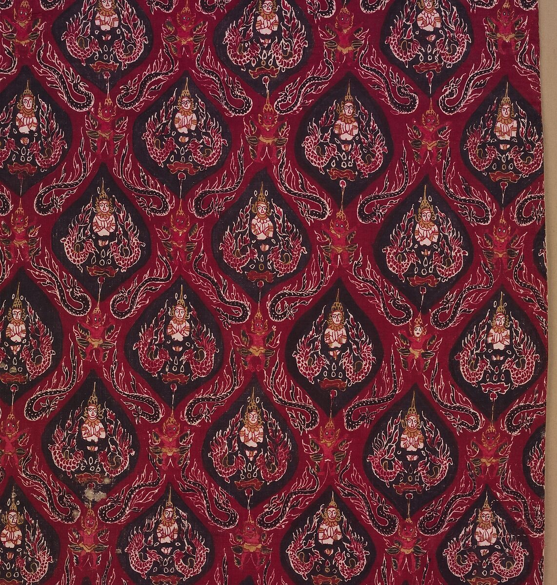 Painted Cotton with Celestial Deva Design in a Trellis Pattern, Painted and mordant-dyed cotton, India (for the Thai market)