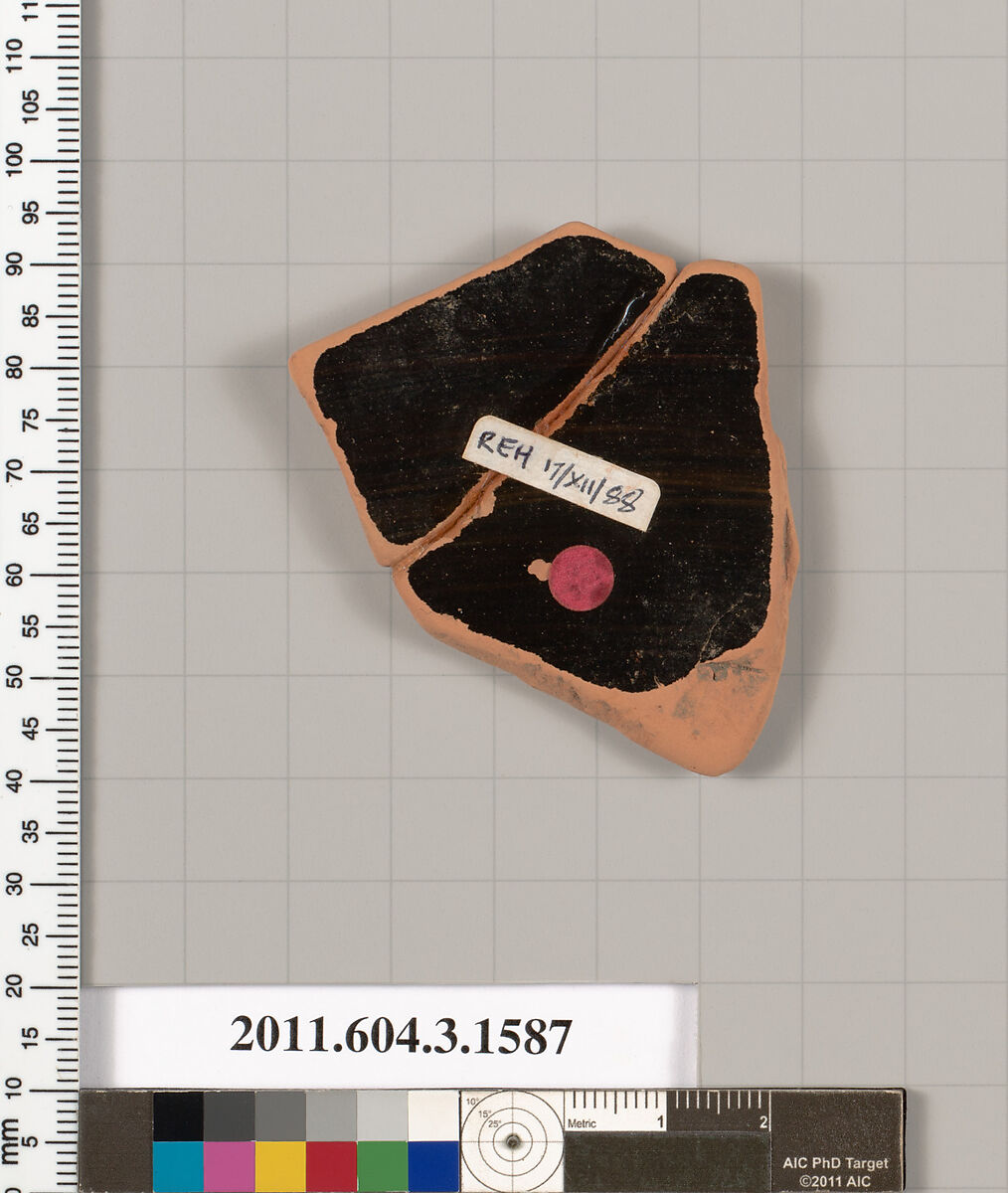 Terracotta fragment of a kylix: Band cup (drinking cup), Terracotta, Greek, Attic