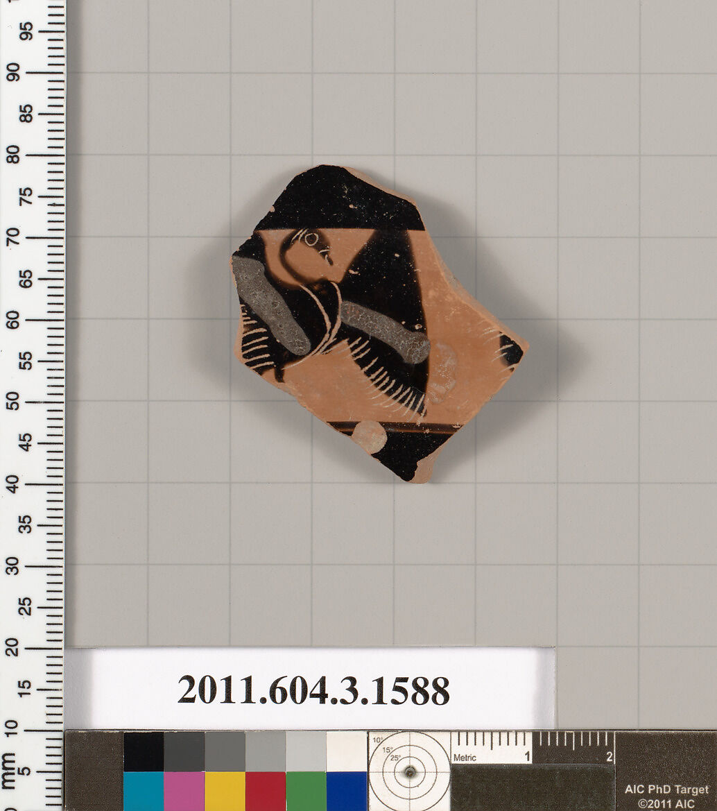 Terracotta fragment of a kylix: Band cup (drinking cup), Terracotta, Greek, Attic 