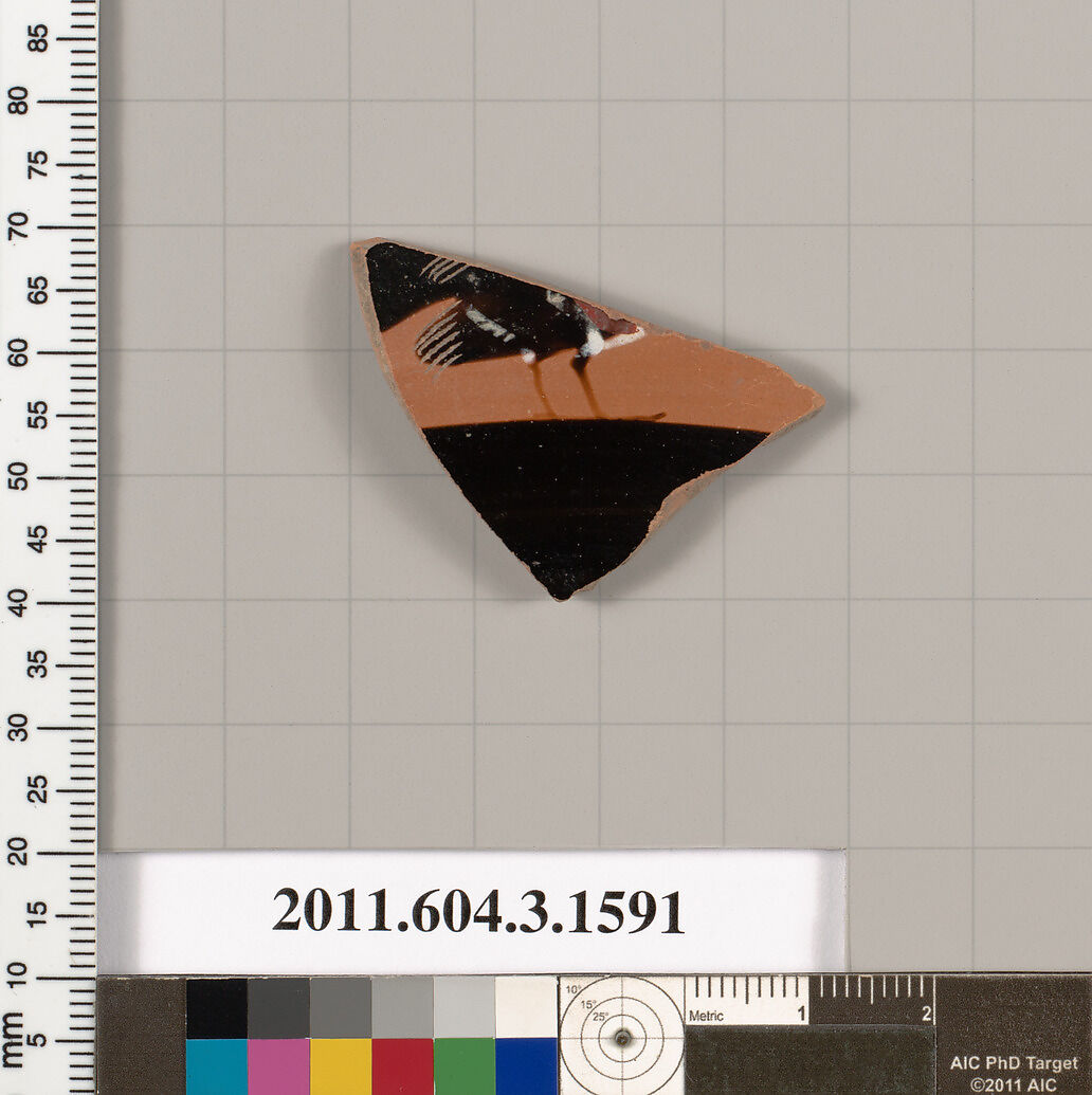 Terracotta fragment of a kylix: Band cup (drinking cup), Terracotta, Greek, Attic 