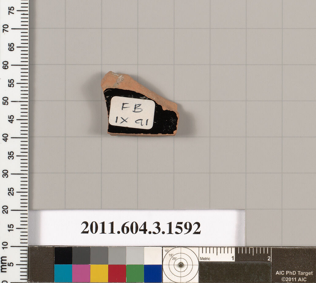 Terracotta fragment of a kylix: Band cup (drinking cup), Terracotta, Greek, Attic