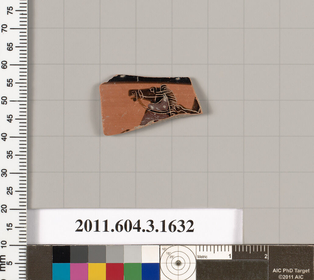 Terracotta fragment of a kylix: Band cup (drinking cup), Terracotta, Greek, Attic 