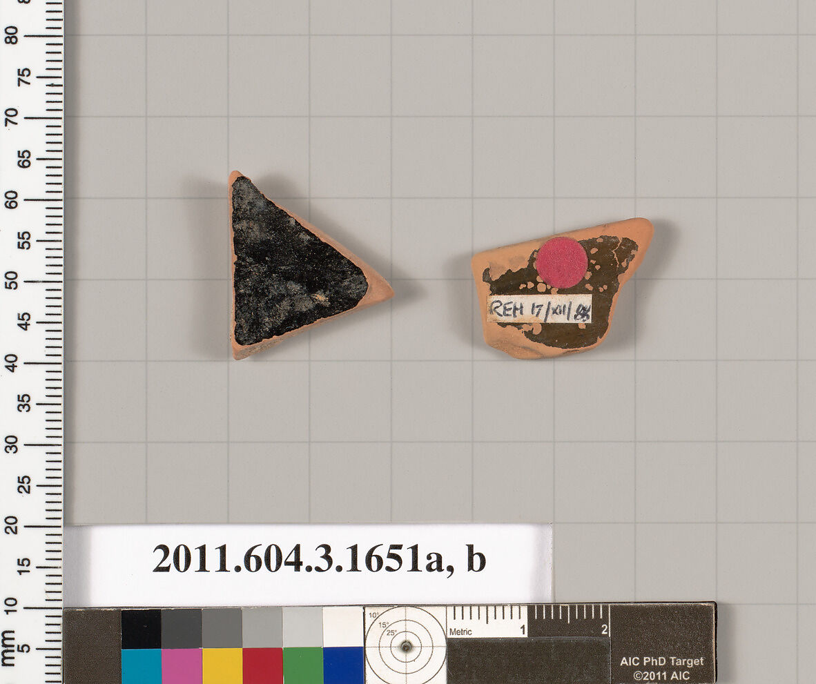 Terracotta fragments of kylikes: Band or lip cups (drinking cups), Terracotta, Greek, Attic