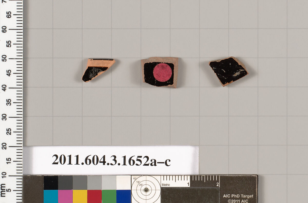 Terracotta fragments of kylikes: Band or lip cups (drinking cups), Terracotta, Greek, Attic