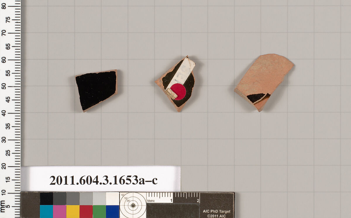 Terracotta fragments of kylikes: Band or lip cups (drinking cups), Terracotta, Greek, Attic