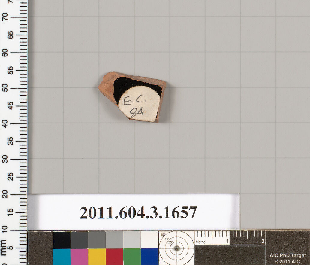 Terracotta fragment of a kylix: Band cup (drinking cup), Terracotta, Greek, Attic